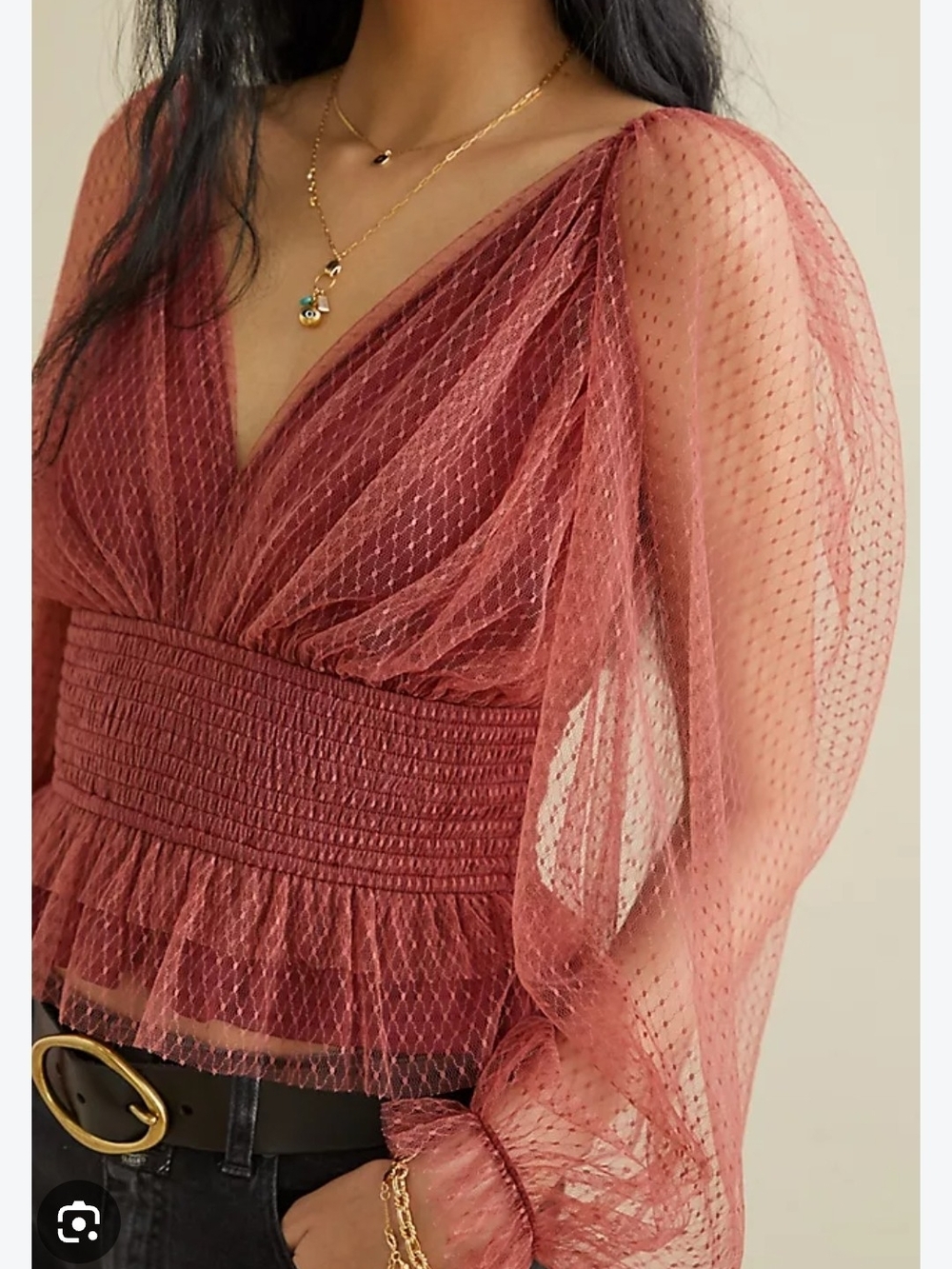 Anthropologie Rosewood Dotted Mesh V-Neck Peplum Blouse
